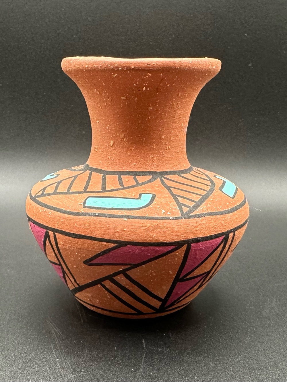 Southwest Native Terracotta Vase with Pink and Turquoise Geometric Accents 80s